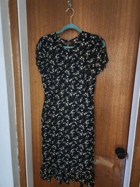 JJs House Black Floral Midi Dress with White Accent